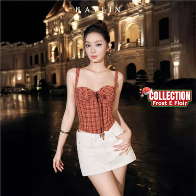 Áo kiểu KAYLIN họa tiết caro phối nơ trước chất vải Plaid Fabric phong cách Vintage BST Tháng 12.2025 - A116T12