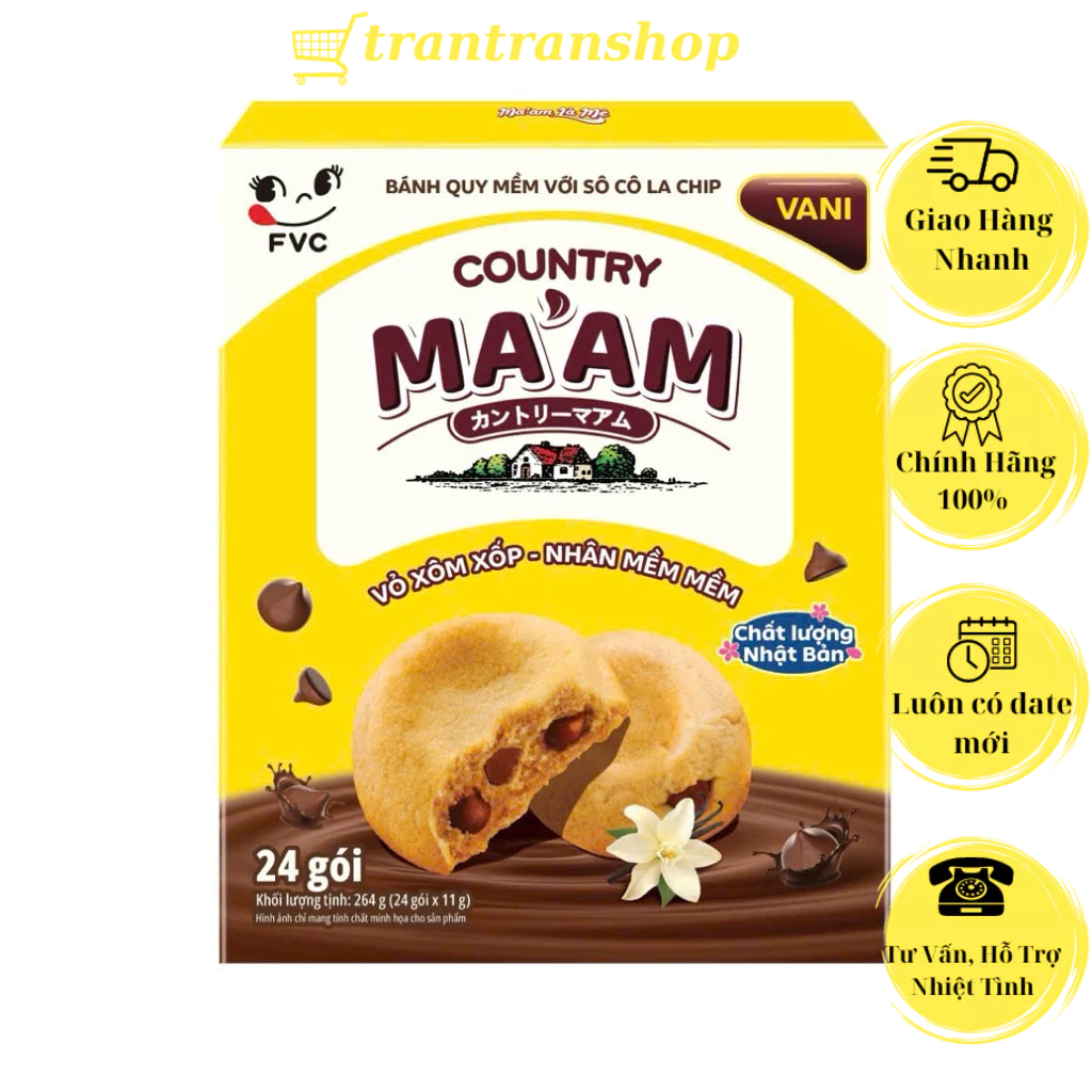 [ mẫu mới ] Bánh Quy Mềm Sôcôla Chip Country Ma'am hương Vani hộp 24 gói