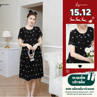  Váy đầm bầu tay ngắn chất liệu tơ thêu hoa Hàn thoáng mát dáng babydoll sang chảnh LYMMOM VB064 