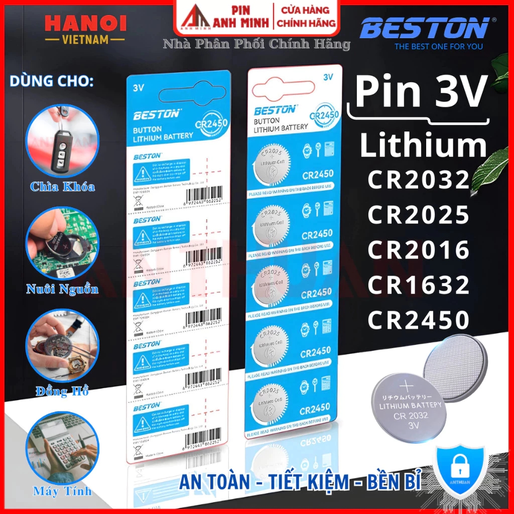 Pin 3V CR2032 CR2025 CR2016 CR1632 CR2450 Beston thay khóa xe máy ôtô ,điều khiển từ xa...
