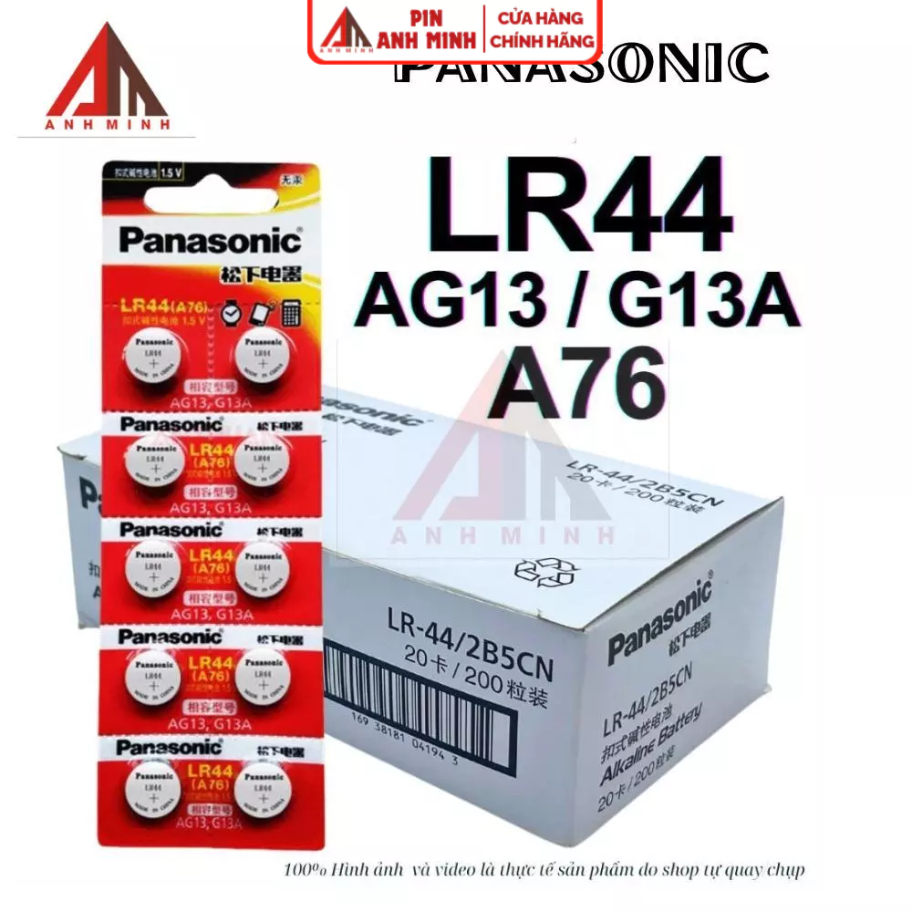 Pin LR44 / AG13 / A76 Panasonic 1.5V Alkaline G13A / SR44 / LR1154 Chính hãng vỉ 10 viên pin cúc áo.