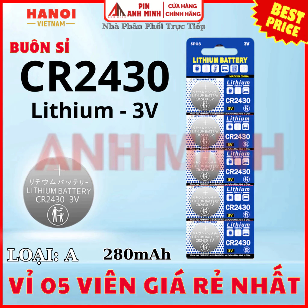Vỉ 5 Pin Cúc áo CR2430 Lithium 3V chất lượng, giá rẻ cho Chìa khóa Smartkey Cmos Máy tính Điều Khiển