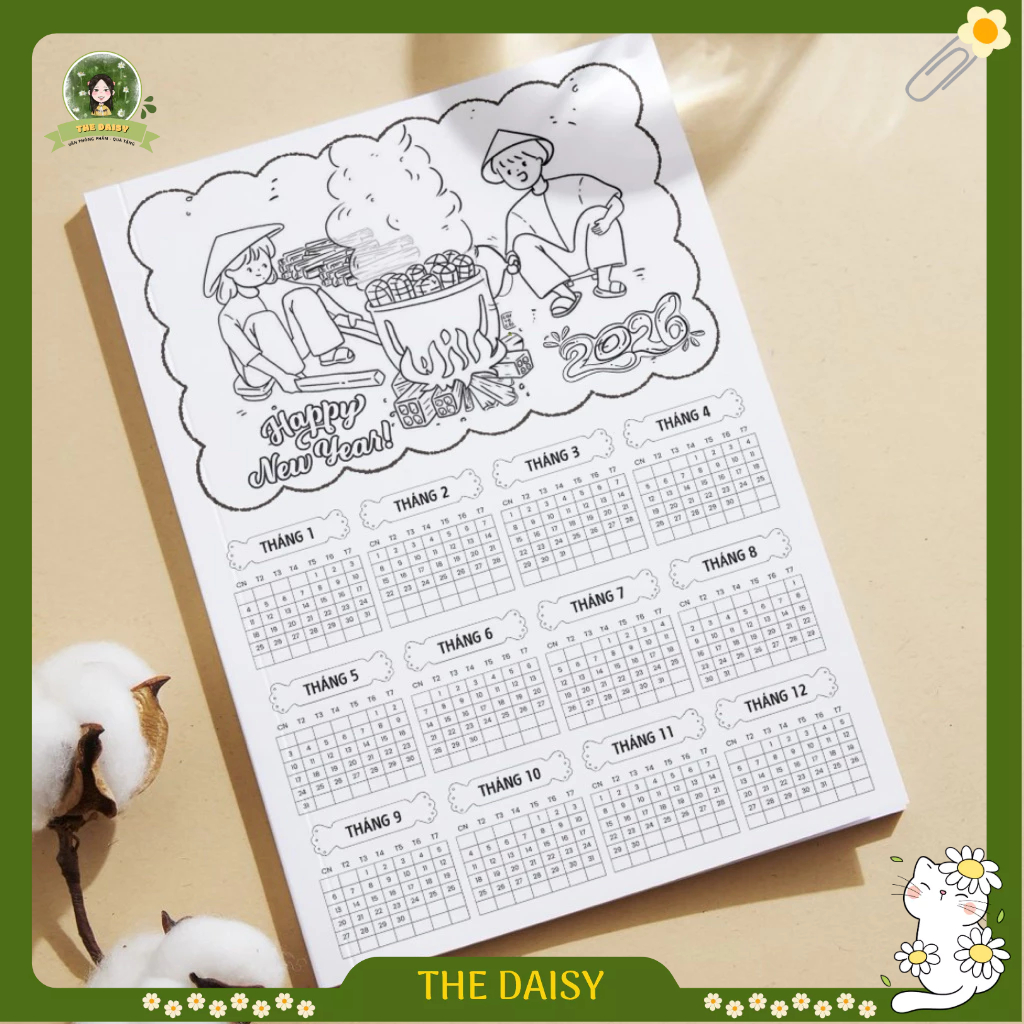 Lịch tô màu tết 2026 giá sỉ - giấy A4 bìa cứng đẹp (10 tờ/set)