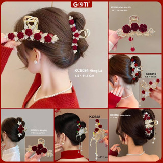  GOTI Kẹp Tóc Răng Cho Nữ Hoa Đỏ Tết Viền Hạt Đá Phối Bó Hoa Hồng Dự Tiệc Sang Chảnh 20 10 8 3 KC639 