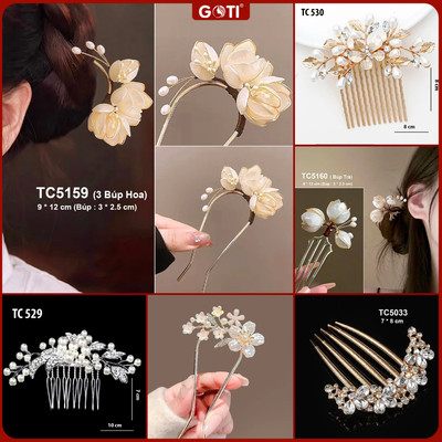GOTI Trâm Cài Tóc Phong Cách Cổ Trang Kiểu Lược Cài Tóc Cô Dâu Đính Hoa Thanh Lịch Cổ Điển TC5097