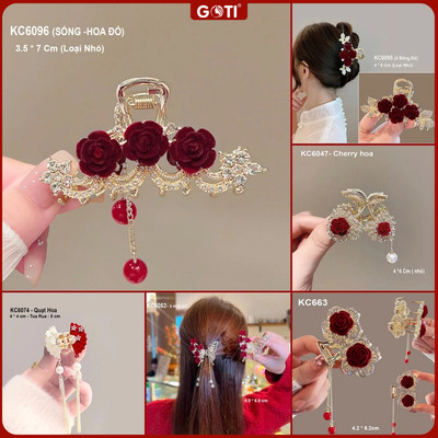 GOTI Kẹp Cua Hoa Đỏ Gợn Sóng Cách Điệu Phối Tua Rua Dành Cho Nữ Thanh Lịch Xinh Xắn KC6096