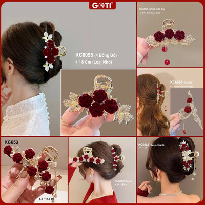 GOTI – Kẹp Càng Cua Nữ Tính Kiểu Kẹp Cua Đính Hoa Đỏ Xinh Xắn Phối Tua Rua - KC6095