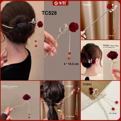GOTI Phụ Kiện Tóc Nữ Trâm Cài Tóc Hoa Đỏ Phối Tua Rua Cổ Trang Thanh Lịch - TC528 5038
