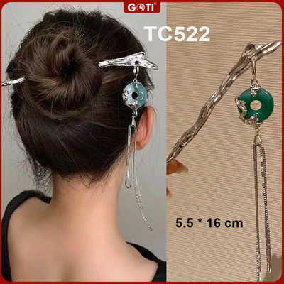 GOTI Trâm Cài Tóc Gọng Kim Loại Hình Đá Xanh Tròn, Trụ Phói Tua Rua Phong Cách Hán Phục Quà Cho Nữ TC521 TC522 TC520