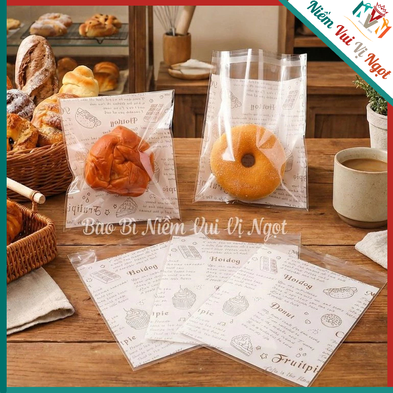 100 Túi dán miệng đựng Bánh mì ngọt (15*18+3cm), Túi đựng Donut, Bánh Sừng trâu, Cupcake