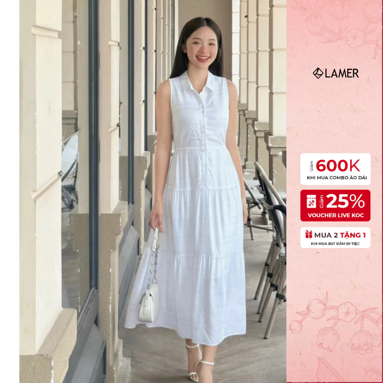  Đầm maxi sát nách cổ đức nhún 2 tầng dáng xòe VIEN TRAN V63M25H006 