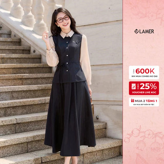  Áo Sơ Mi Nơ Eo Phối Tay Phối Chân Váy Xoè Ly Bung Chun Sau LAMER O61H25Q019 O62L25Q012 