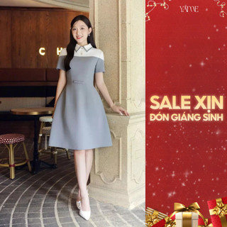  Váy Nữ Dáng A Thiết Kế YAME Màu Ghi Ánh Xanh Cổ Vạt Nhọn Ngắn Tay Có Túi Đính Nơ - Nova YV740 
