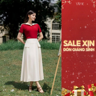  Set Nữ YAME Áo Đỏ Ngắn Tay Cúc Bọc Cổ Thủy Thủ & Chân Váy Xòe Dài Xếp Ly Bên - EllieYA729 LenaYCV730 