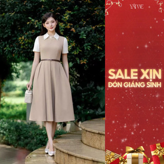  Váy Thiết Kế Nữ YAME Cổ Sơ Mi Đính Đá Dáng Xòe Dài Phối Ly Kèm Dây Đai Màu Nâu & Đen - Vivia YV720 