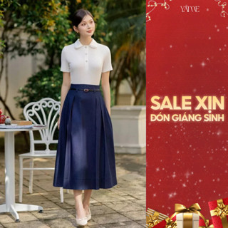  Set Nữ YAME Áo Thun Trắng Dập Tim Cổ Viền Ren & Chân Váy Xanh Xếp Ly Bên - LonaYA738 Maple YCV739 