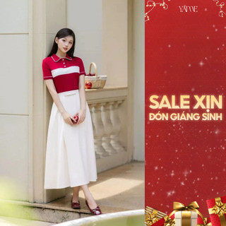  Set Nữ YAME Áo Đỏ Ngắn Tay Cúc Ngọc Phối Viền Trắng & Chân Váy Xòe Đính Nơ - KatieYA733 CoraYCV734 