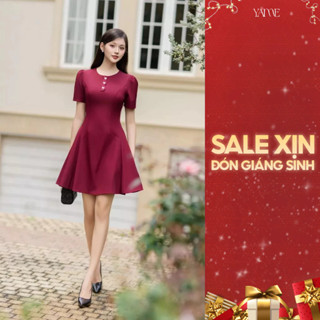  Váy Thiết Kế Nữ YAME Cổ Tròn Phối Sóng Khuy Tim Đá Dáng Ngắn Tùng Xòe Đỏ Sẫm Sang Trọng - Aime YV728 
