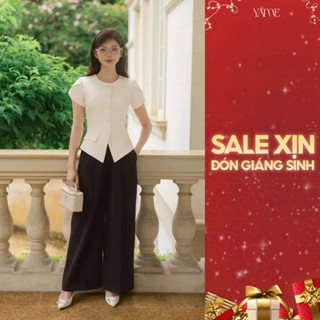  Set Thiết Kế Nữ YAME Áo Kem Cổ Tròn Cộc Tay Cách Điệu & Quần Suông Đen Dài - Amber YA717 Diana YQ718 