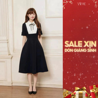  Váy Nữ Thiết Kế YAME Dáng Xòe Màu Đen Phối Trắng Kem Ngắn Tay Cổ Sen Đính Nơ Và Cúc Trai Rossa YV796 