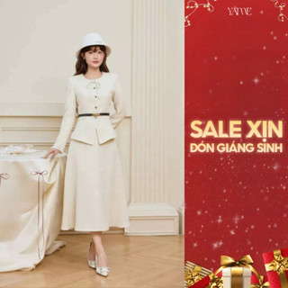  Set Nữ YAME Vải Dạ Màu Kem Tiêu Cổ Tay Nhún Bèo Áo Đính Nơ Vạt Chéo & Chân Váy Xòe Dài Serena YS798 