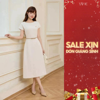  Váy Nữ Thiết Kế YAME Dáng A Dài Sang Trọng Màu Kem Ánh Hồng Tay Chờm Cổ Tròn Eo Đính Đai Nơ YV772 
