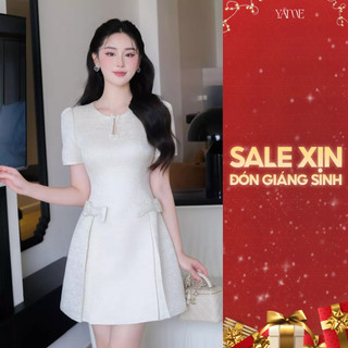  Váy nữ dáng A đính nơ cổ tròn cut-out giọt nước ngắn tay vải tafta YAME YV447 