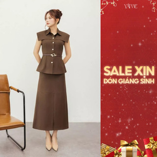  Set nữ màu nâu gồm áo sát nách vạt chờm cổ sơ mi cúc ngọc và chân váy dài dáng A xẻ tà YAME YS602 