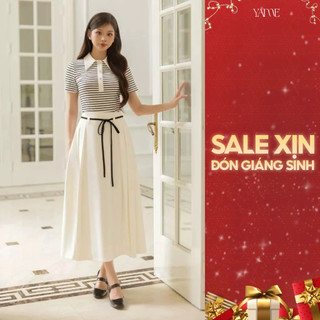  Set Nữ YAME Áo Kẻ Ngang Ngắn Tay Cúc Tim & Chân Váy Xòe Xếp Ly Bên Kèm Đai - HestiaYA735 HeliaYCV736 
