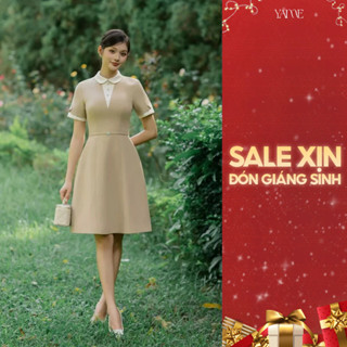  Váy Thiết Kế Nữ YAME Cổ Sen Tay Gập Gấu Phối Đai Dáng Ngắn Đính Khuy Đá Be Nâu Sữa - Belle YV719 