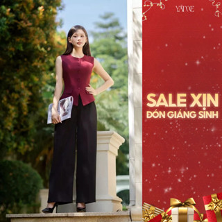  Set Nữ YAME Áo Đỏ Cổ Tròn Dáng Gile Chiết Eo Cúc Bọc & Quần Suông Đen Dài - Nora YA732 Diana YQ718 