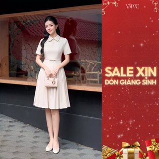  Váy Đầm Thiết Kế Nữ YAME Cổ Sen Ngắn Tay Chiết Eo Phối Nơ Chân Váy Xòe Xếp Ly Linen Be Thanh Lịch Công Sở - Evelyn YV710 