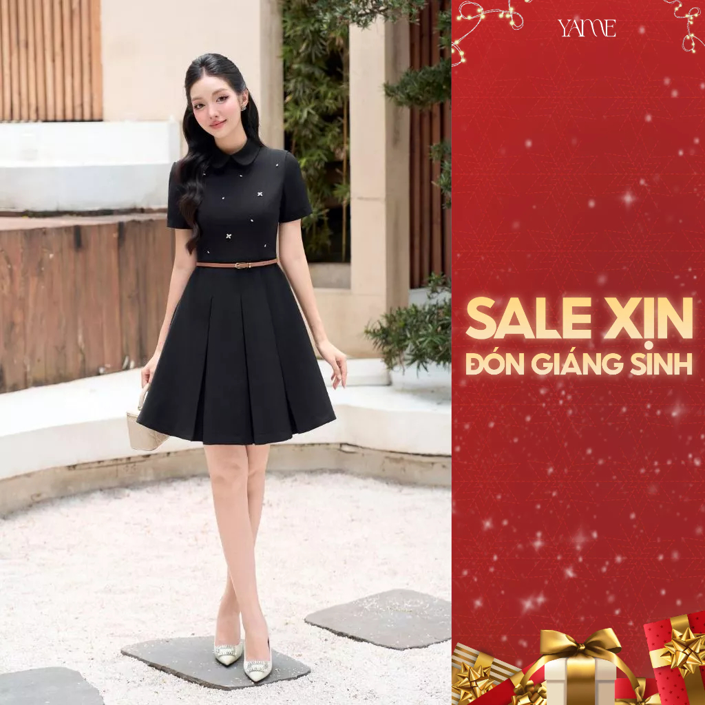  Váy Thiết Kế Nữ YAME Cổ Sen Đính Đá Ngắn Tay Chiết Eo Xếp Ly Bản To Kèm Đai Sang Trọng -Vivian YV709 