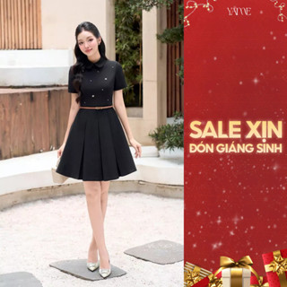  Váy Thiết Kế Nữ YAME Cổ Sen Đính Đá Ngắn Tay Chiết Eo Xếp Ly Bản To Kèm Đai Sang Trọng -Vivian YV709 
