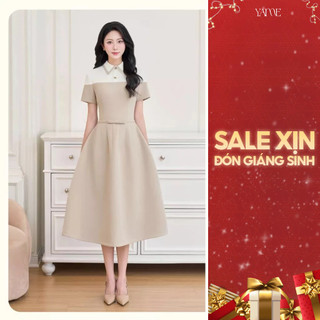  Váy Đầm Thiết Kế Nữ YAME Cổ Sơ Mi Ngắn Tay Chiết Eo Nơ Dáng Bồng Dài Trắng Phối Nâu Sữa Thanh Lịch Công Sở - Vera YV687 