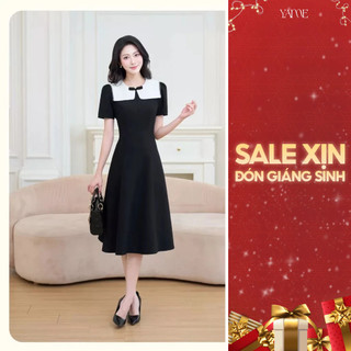  Váy Đầm Thiết Kế Nữ YAME Cổ Tròn Nơ Đính Đá Phối Vạt Trắng Viền Ren Tay Bồng Chiết Eo Dài Đen Công Sở - Gabrie YV666 