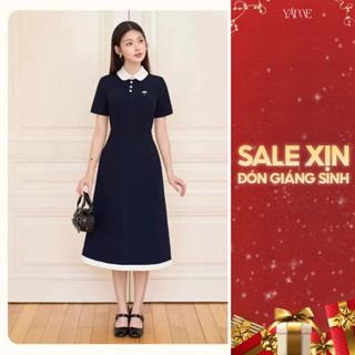  Váy Đầm Thiết Kế Nữ YAME Cổ Sen Trắng Chiết Eo Dáng Dài Đính Khuy & Tag Nơ Đá Xanh Navy Thanh Lịch Công Sở - Elora YV620 