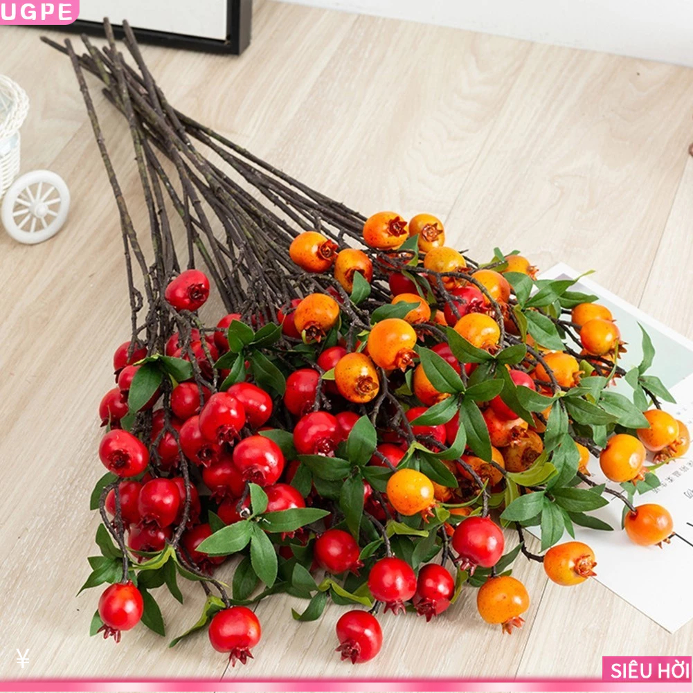 [UGPE] 9 heads Pomegranate Branch with Leaves Red Artificial Flowers Home Garden Decor