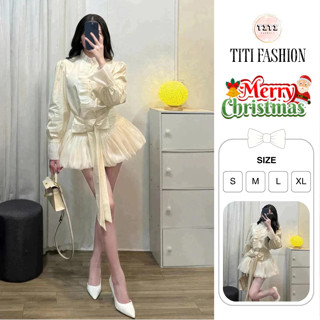  Set Áo Sơmi Cổ Tàu Phối Bèo Voan + Chân Váy Voan Bí Thắt Nơ Eo Tiểu Thư Sang Chảnh . TiTi Fashion 