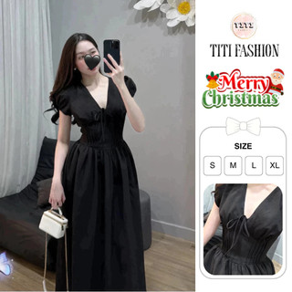  Váy đen tay ngắn cổ V dáng dài xoè thanh lịch đầm nữ tiểu thư mặc đi chơi đi ăn cưới TiTi Fashion 