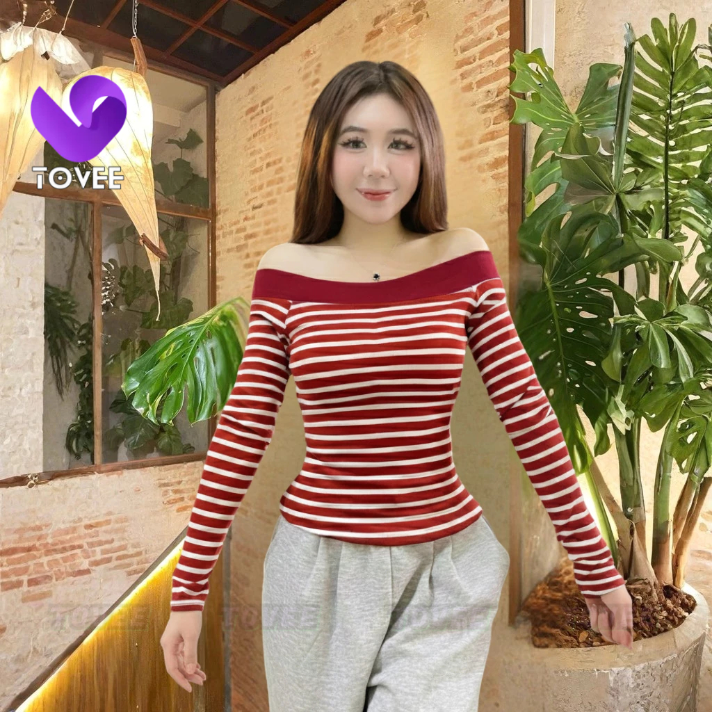 [XẢ HÀNG] Áo Thun TAY DÀI TRỄ VAI SỌC Dáng Dài Chất Cotton BM115, Áo Thun Nữ Chiết Eo Bệt Vai Noel T