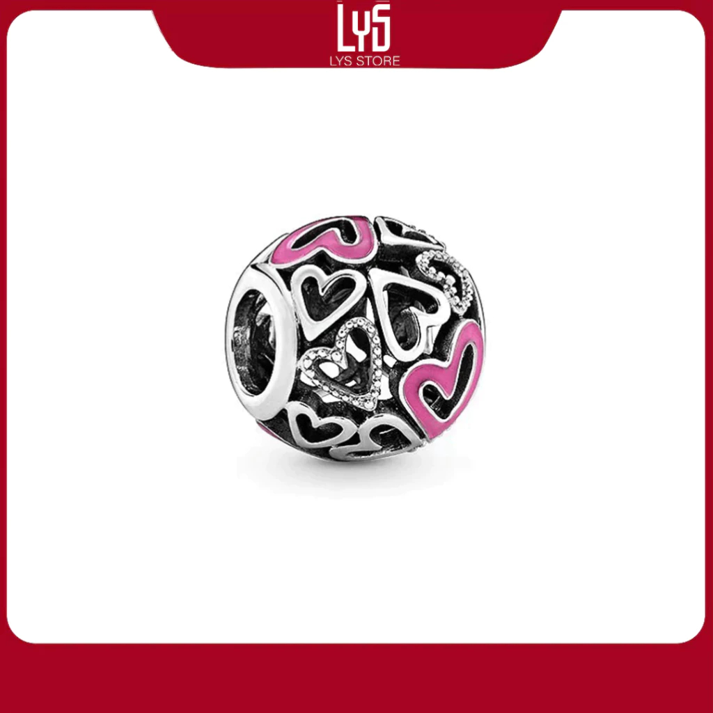 Charm bạc S925  Pink Openwork Freehand Heart 1638