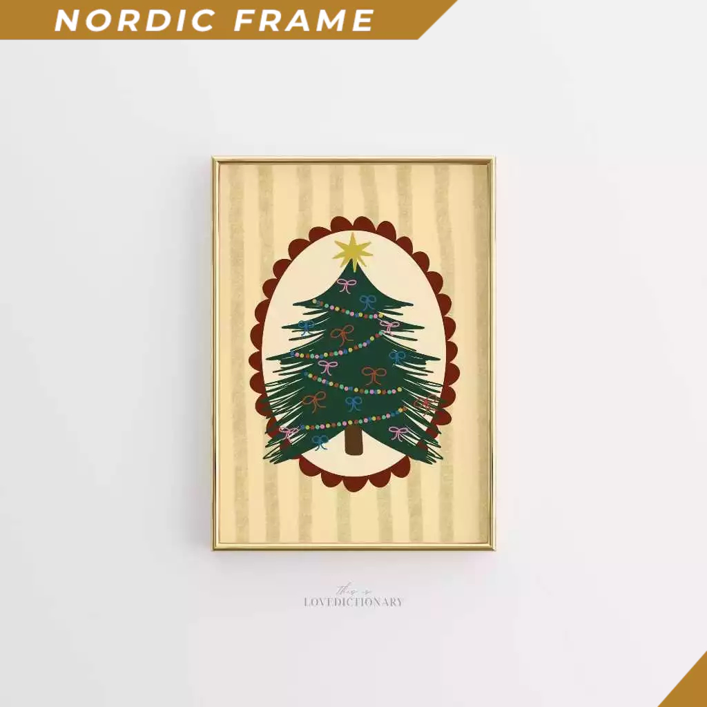 Tranh treo tường, Christmas Tree Wall Art, Hand Drawn Holiday Bow Tree Printable, Preppy Retro Chris