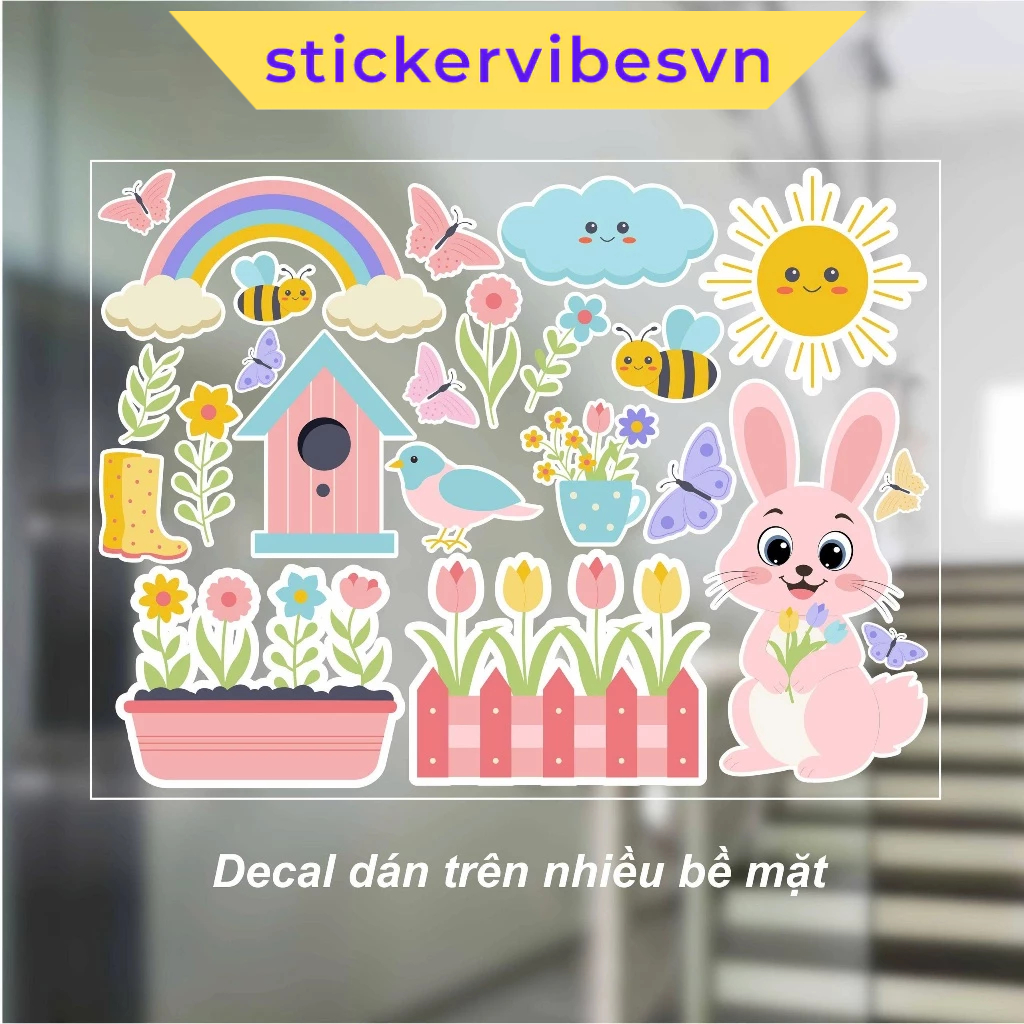 Decal Sticker, Spring Garden Bunny dễ thương cute, decor kính, phòng cho bé , cửa kính, cửa hàng, S7
