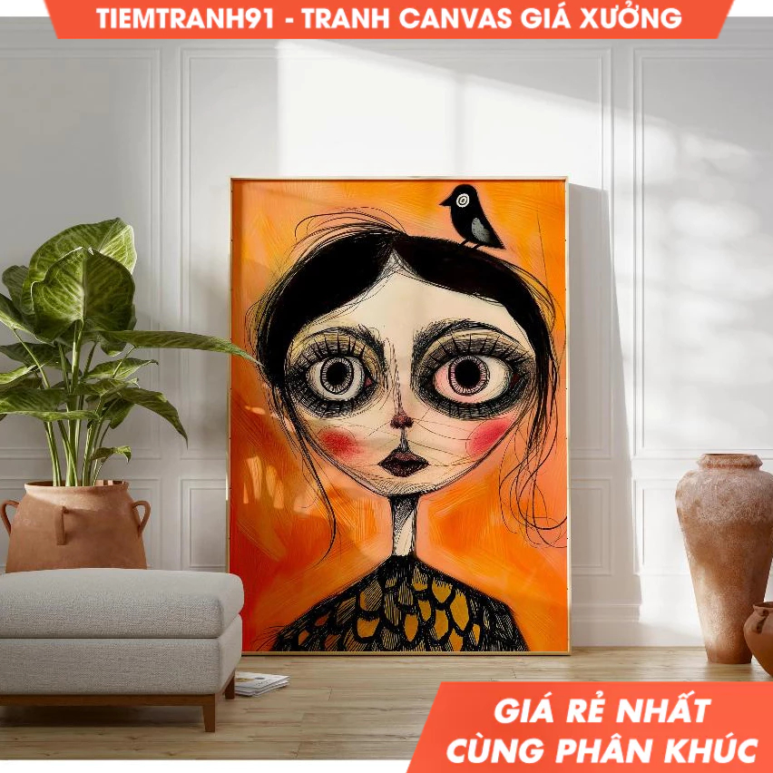 Tranh treo tường, Cute Big Eyed Woman Unique Modern Portrait Art Contemporary Minimal Poster Whimsic
