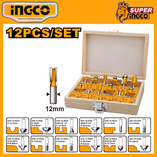 12.7mm Bộ 12 mũi phay gỗ INGCO AKRT12121