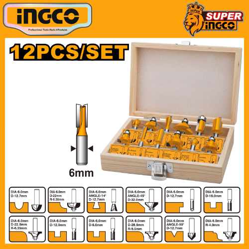 Bộ 12 mũi phay gỗ 6mm Ingco AKRT1201