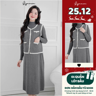  Set Đồ Bầu thu Đông Lymmom Áo Dạ Đen Kem Phối Chân Váy Len Dài Thiết Kế Công Sở VL038 