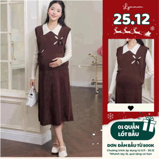   NEW T10  LYMMOM - Váy Bầu Xinh Dáng Dài Thu Đông  Áo len + Váy Polo  Chất Len Cao Cấp Mềm Mại Không Dặm Ngứa VL025 