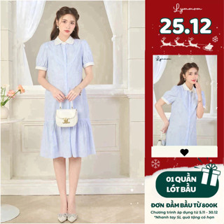  Váy đầm bầu công sở tay ngắn chân cá phối cổ sen chất liệu đũi hàn thoáng mát thiết kế LYMMOM VB119 